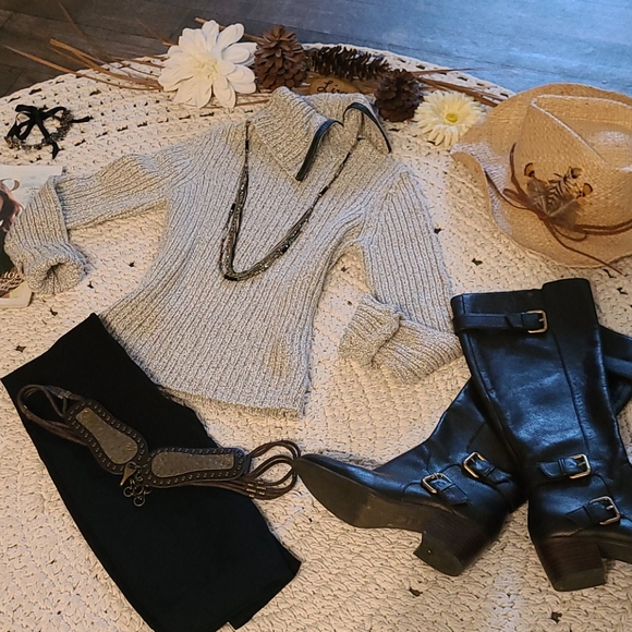 SWEATER GRAY BLACK WITH LEATHER TRIM RIBBED SIZE M - Picture 12 of 16